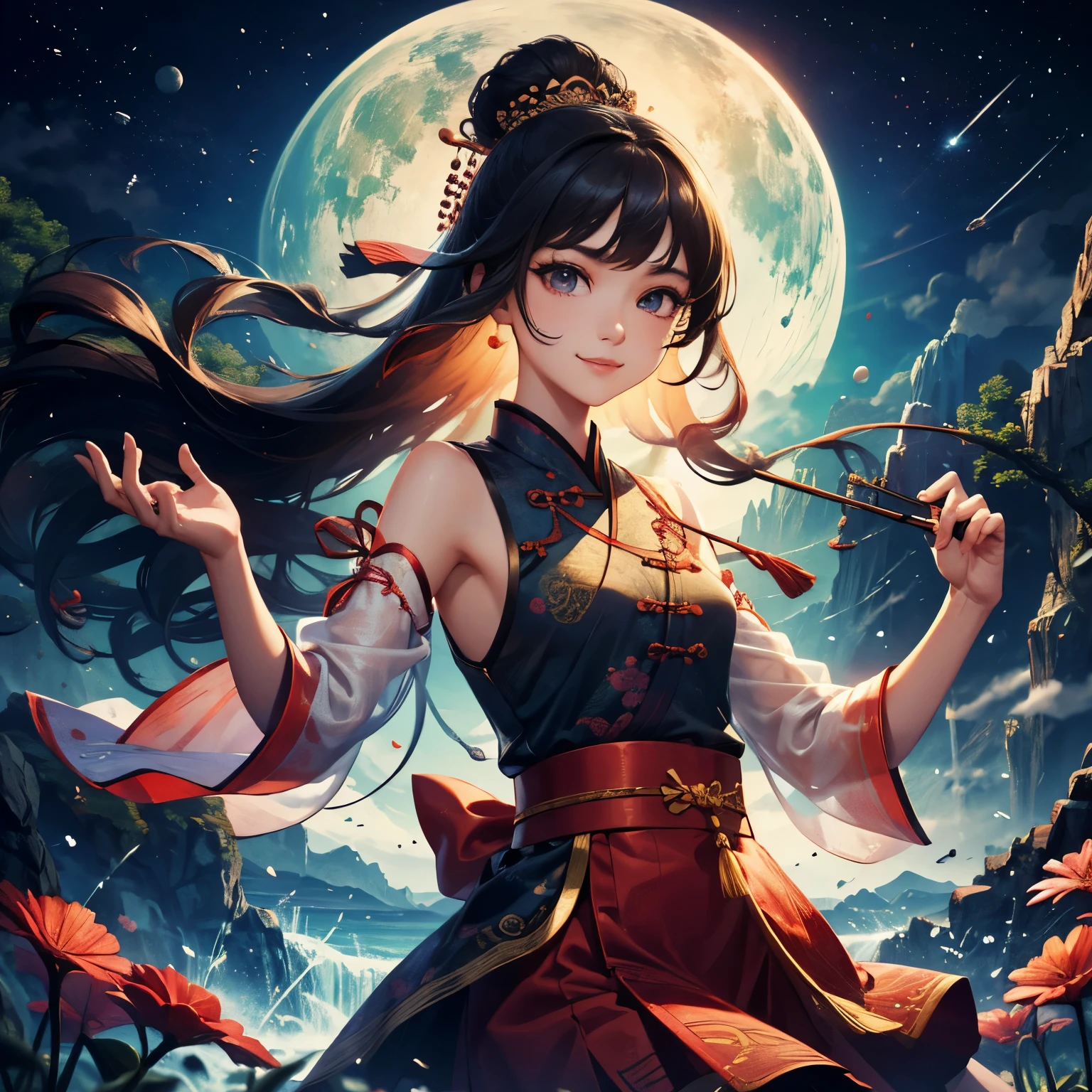 (8K,best quality,masterpiece:1.2),lifelike,1 Chinese girl,whole body,Hanfu horse face skirt,clavicle, cute,Smile,Shut up,Headband,kanzashi,pattern,perfect skin,Beautiful details of the face and eyes,美丽的错综复杂的服装装饰pattern细节,looking at the audience,delicate face,Floating long hair,belt,Clear and sharp focus,Volumetric lighting,soft light,film lightinovie effect