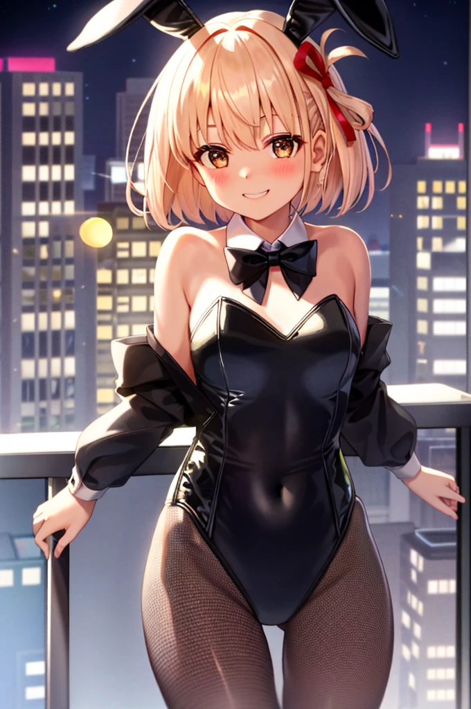 Thousand miles, 1girl in, bangs, short hair, solo, Are standing, Lilcoli Ricoil、Bunny Girl Costume、Fishnet tights、rabbit ears、A bow tie、black leotard、on my balcony、The background is a night view、blushing and smiling、Exposed skin、