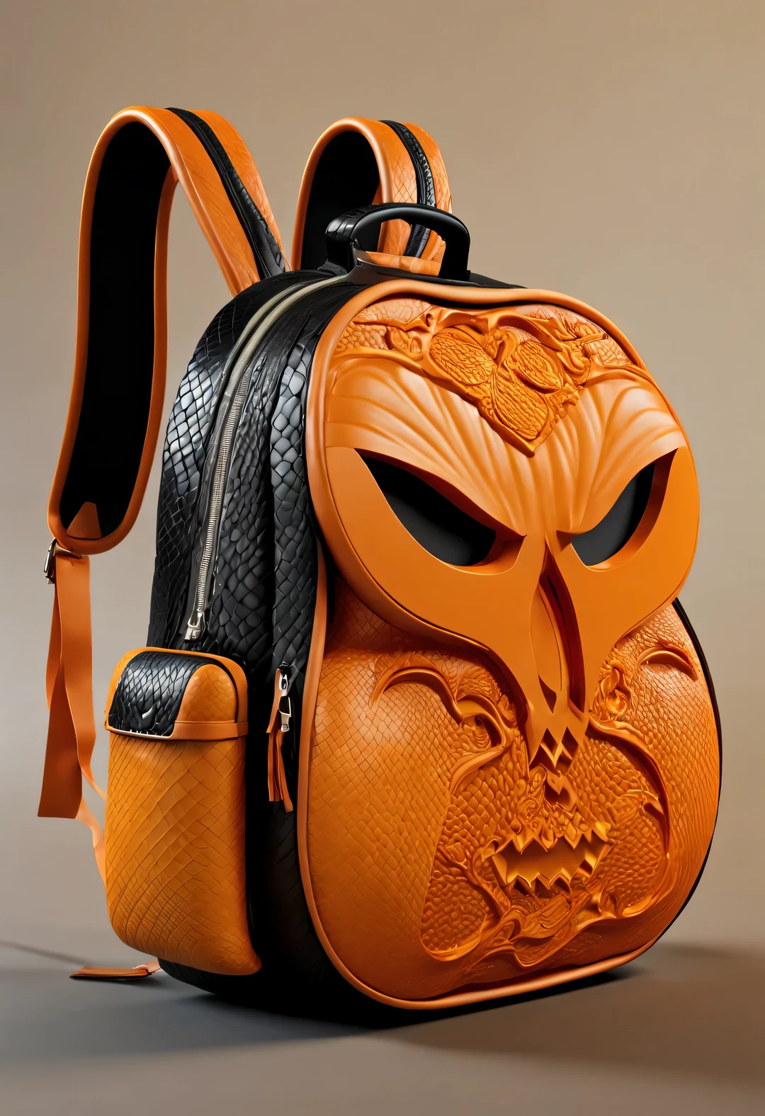 (product design），（pumpkin round backpack），3d rendering，32k，HD，console， cutting，sculpture，Python，background： orange