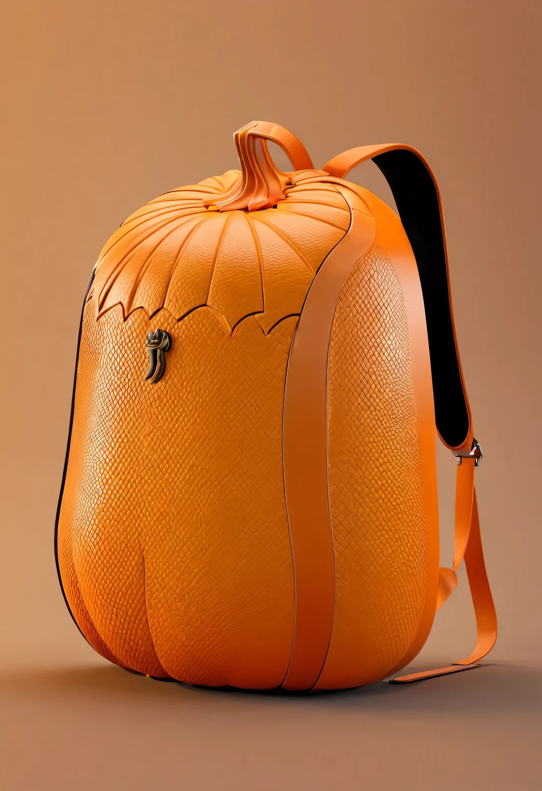 (product design），（pumpkin round backpack），3d rendering，32k，HD，console， cutting，sculpture，Python，background： orange