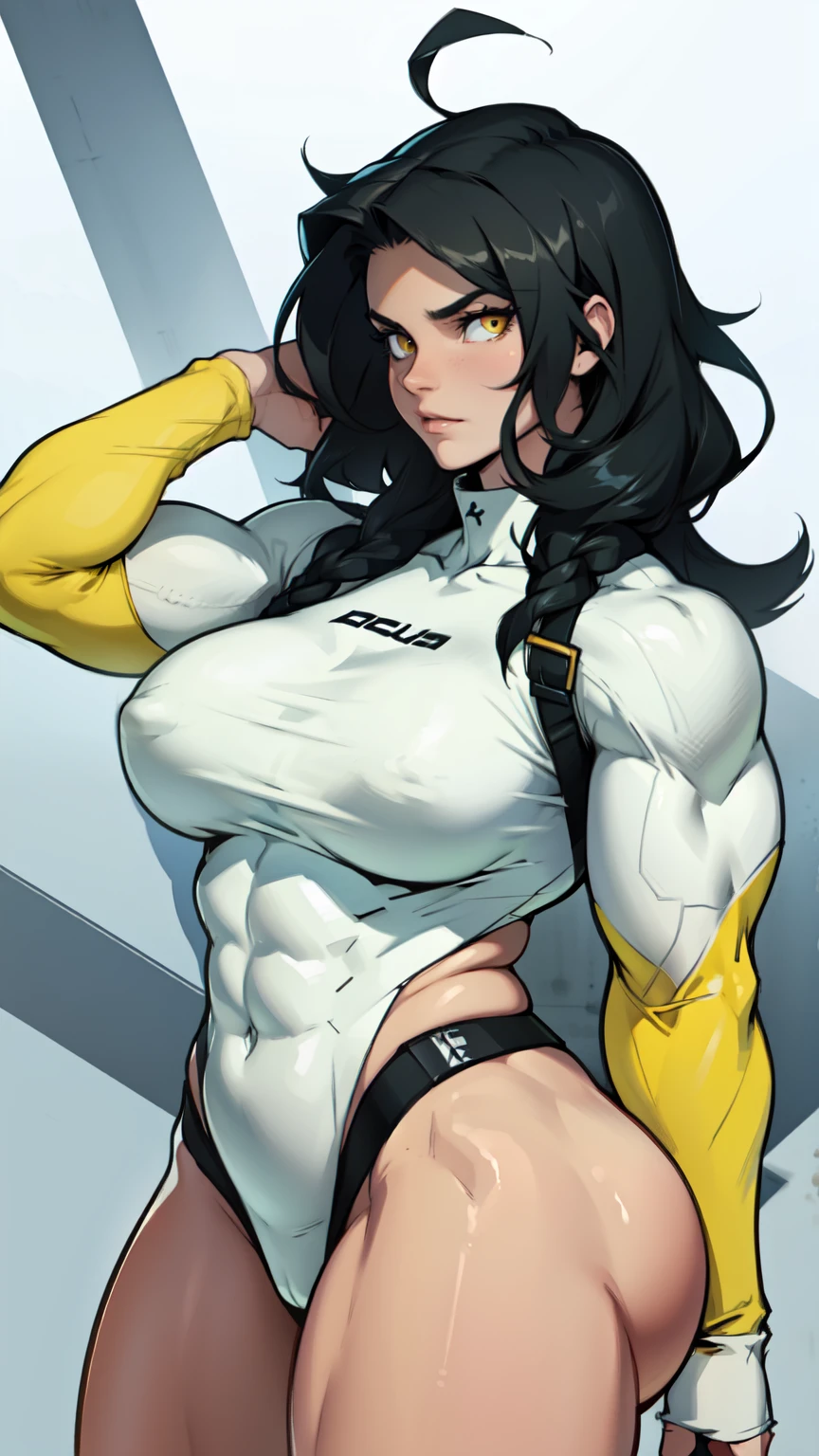 pale (((muscular girl toned body large breasts thick perfect anatomy))) yellow eyes black hair best quality skintight 