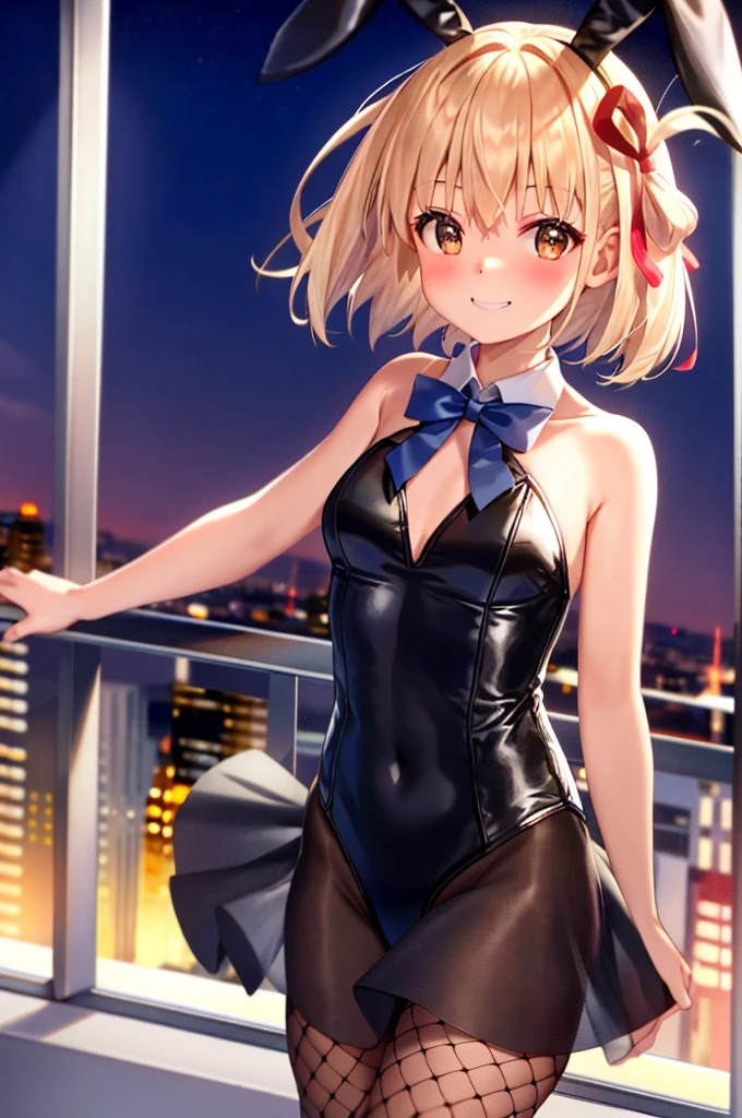 Thousand miles, 1girl in, bangs, short hair, solo, Are standing, Lilcoli Ricoil、Bunny Girl Costume、Fishnet tights、rabbit ears、A bow tie、black leotard、on my balcony、The background is a night view、blushing and smiling、Exposed skin、