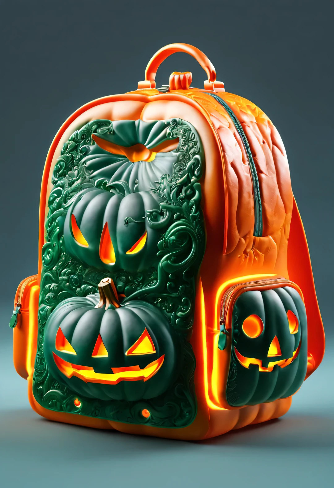 (product design），（pumpkin backpack），3d rendering，32k，HD，console， cutting，sculpture，Python，background： orange