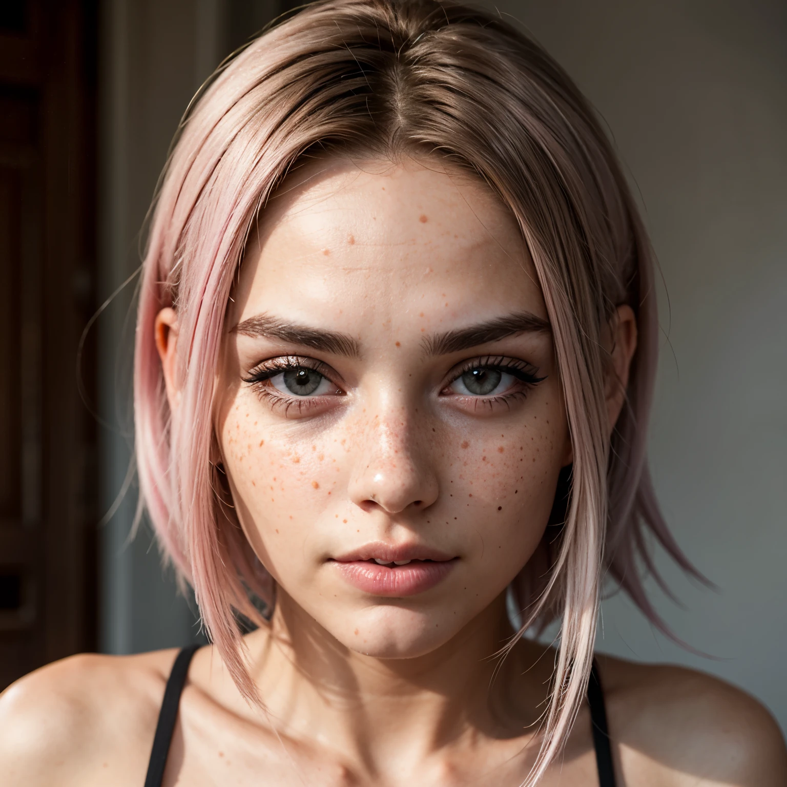 Create the realistic face of a 23-year-old brunette woman, long, completely pink hair, gray eyes, freckles, high level of detail, very realistic, perfect, human, well-detailed eyes, no limit