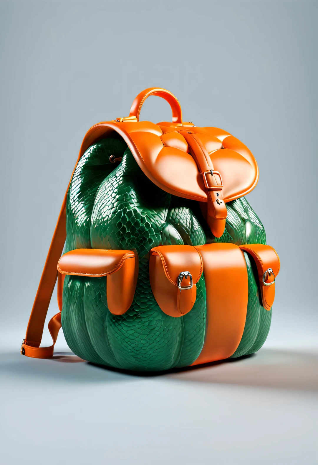 (product design），（pumpkin backpack），3d rendering，32k，HD，console， cutting，sculpture，Python，background： orange