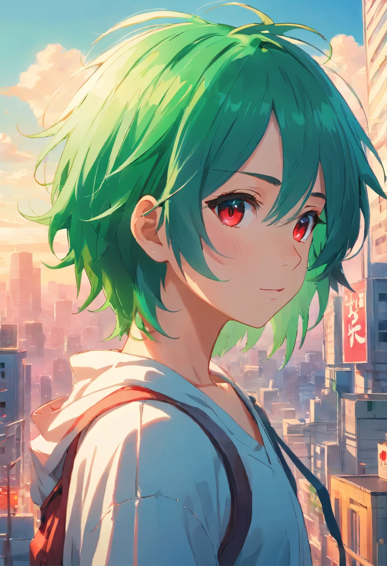 a boy,green hair, gradient hair, gradient eyes, red eyes, Surrealism, anime, 8k, super detail, masterpiece, UHD, ccurate, high details, high quality, highres,