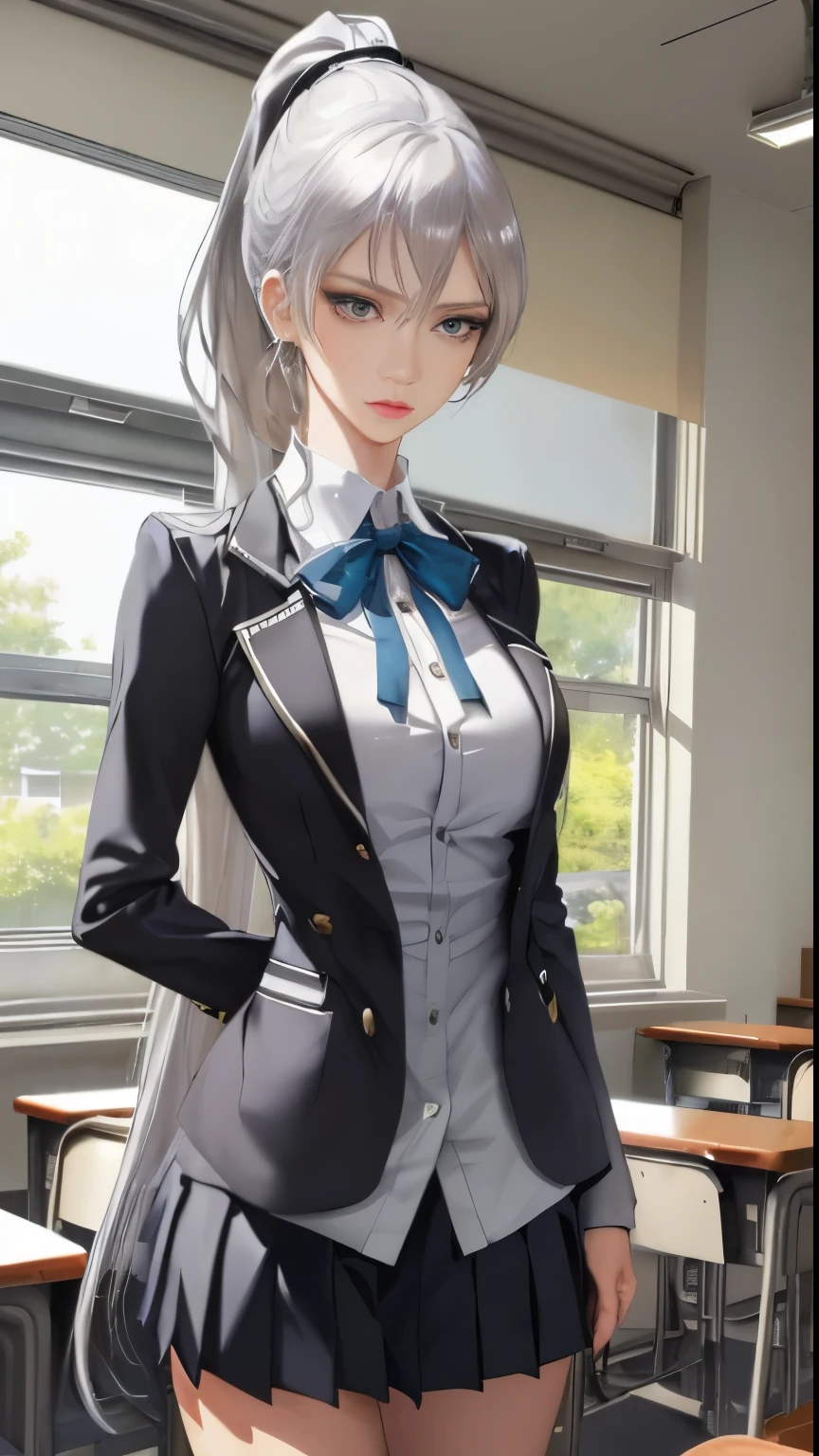 masterpiece, exquisite, (realistic, woman alone, alone, beautiful face, slender face, beautiful eyes), (breast) persona 3, female, big, G cup, silver hair, long hair, ponytail, school uniform, deep V neck, mini skirt, school classroom, slit eyes