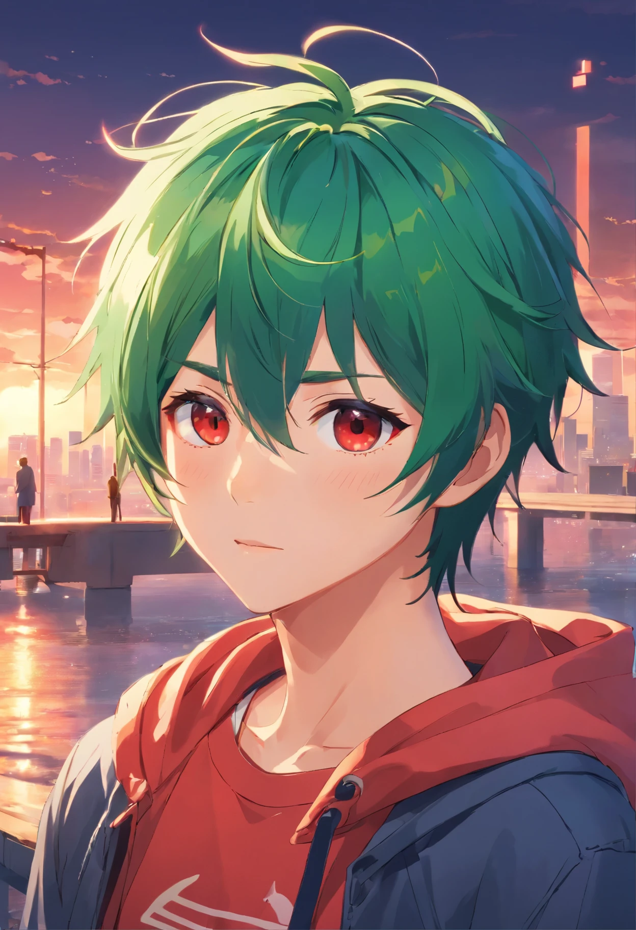 a cool boy,green hair, gradient hair, gradient eyes, red eyes, Surrealism, anime, 8k, super detail, masterpiece, UHD, ccurate, high details, high quality, highres, 8k