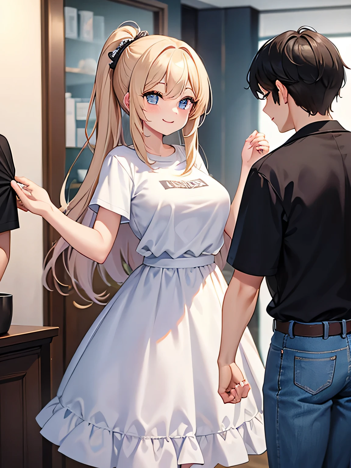 1,A man and a woman shaking hands at the waist of a white counter desk.
2,that woman is an idol, Wearing a gorgeous, frilly outfit, shake hands with a smile.
3, the man is a fan of the woman, Wearing a T-shirt and jeans, who is also shake hands with a smile with her.
4,The place is a handshake event. Lots of people lined up.