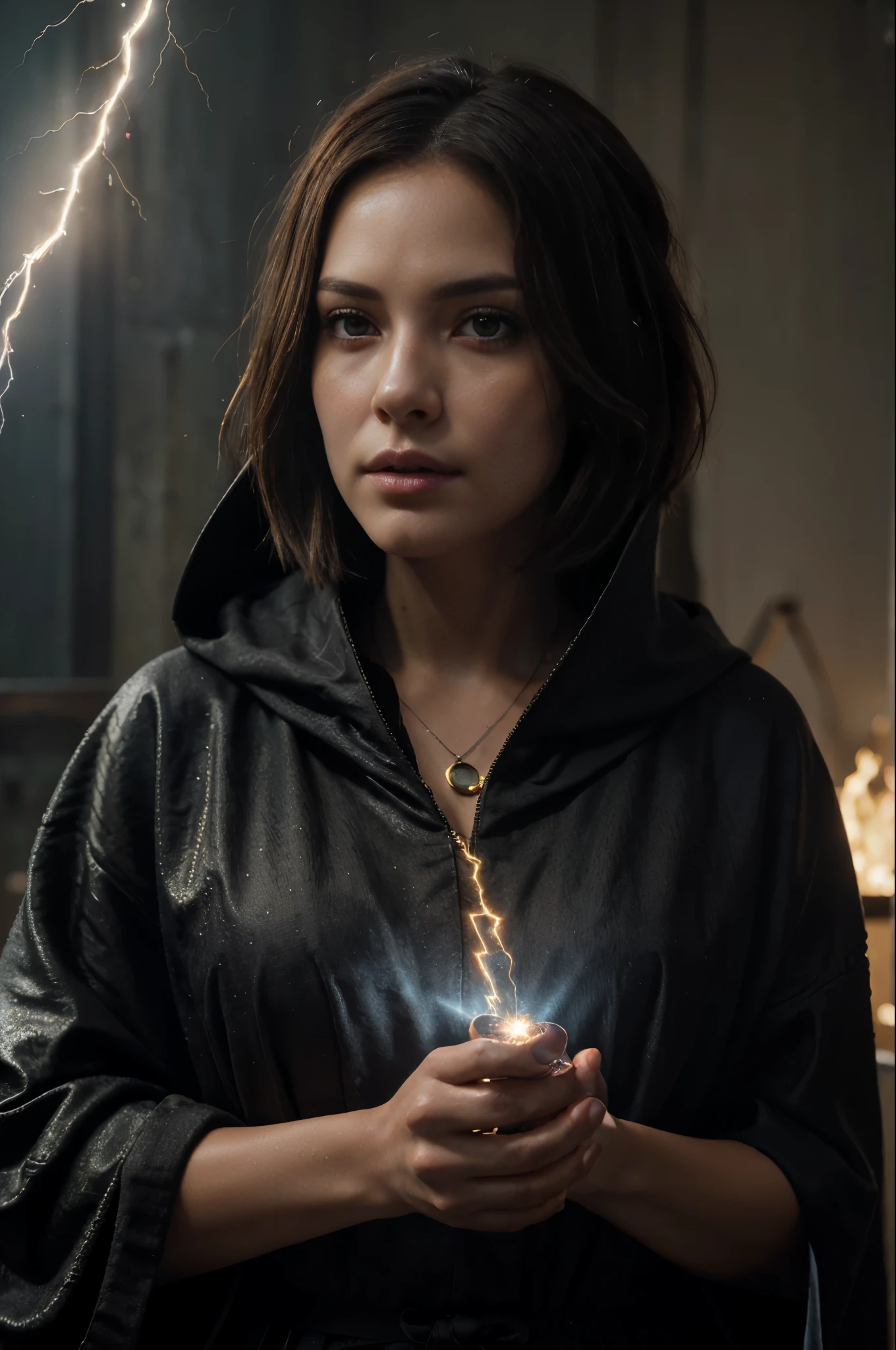 brown short hair, (skindentation: 1.5), realistic, photorealistic, (masterpiece: 1.5), concept art, complex details, highly detailed, photorealistic, octane rendering, 8k, unreal engine, dynamic pose, highest quality, high resolution, (realistic face: 1.1), (surreal:1.1), ((Full body)), Perfect eyes, ((Shiny skin: 1.2), ((((Hairstyle)))), (Perfect hands)))), (Very detailed background), (Dynamic background)), ((Lightning)), (Rays), (1girl)), wearing cloaks, ((Flowing cloak)))), (Fine eyes, quality eyes, quality face)), (Very complex robes, magic robes), short hair, lightning, electricity, swirling fire, radiant power, sparks, smoke, magic, (((dramatic)), epic, battlefield, depth of field, bokeh, 4k, gothic, embers, particles