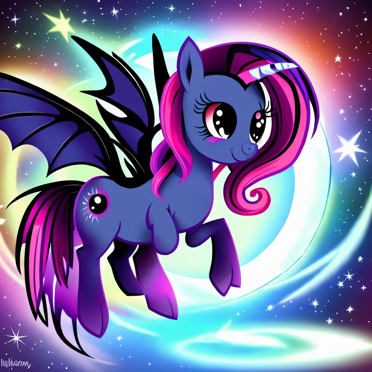 A my little pony character based off of a mix between nightmare moon and a bat pony, the colors can range between red and white