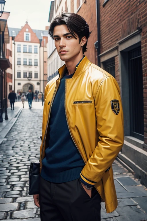 A brunette man, 1.76 tall, black hair, dark eyes, tapered nose, athletic body, light scar on his hand, on a cobblestone road, houses with apparent bricks in shades of white, blue and yellow, on a sunny day. With richness of detail and main focus on man.