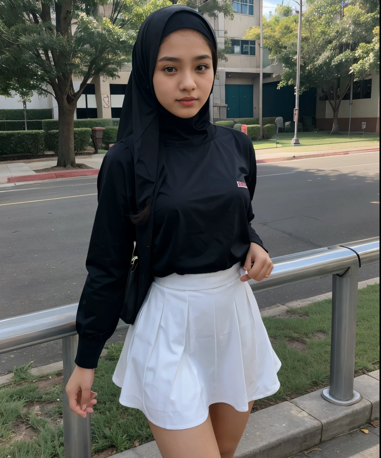 malay school girl hijab teen,,beautiful face,dress satin lace,mini skirt,red lips,school background