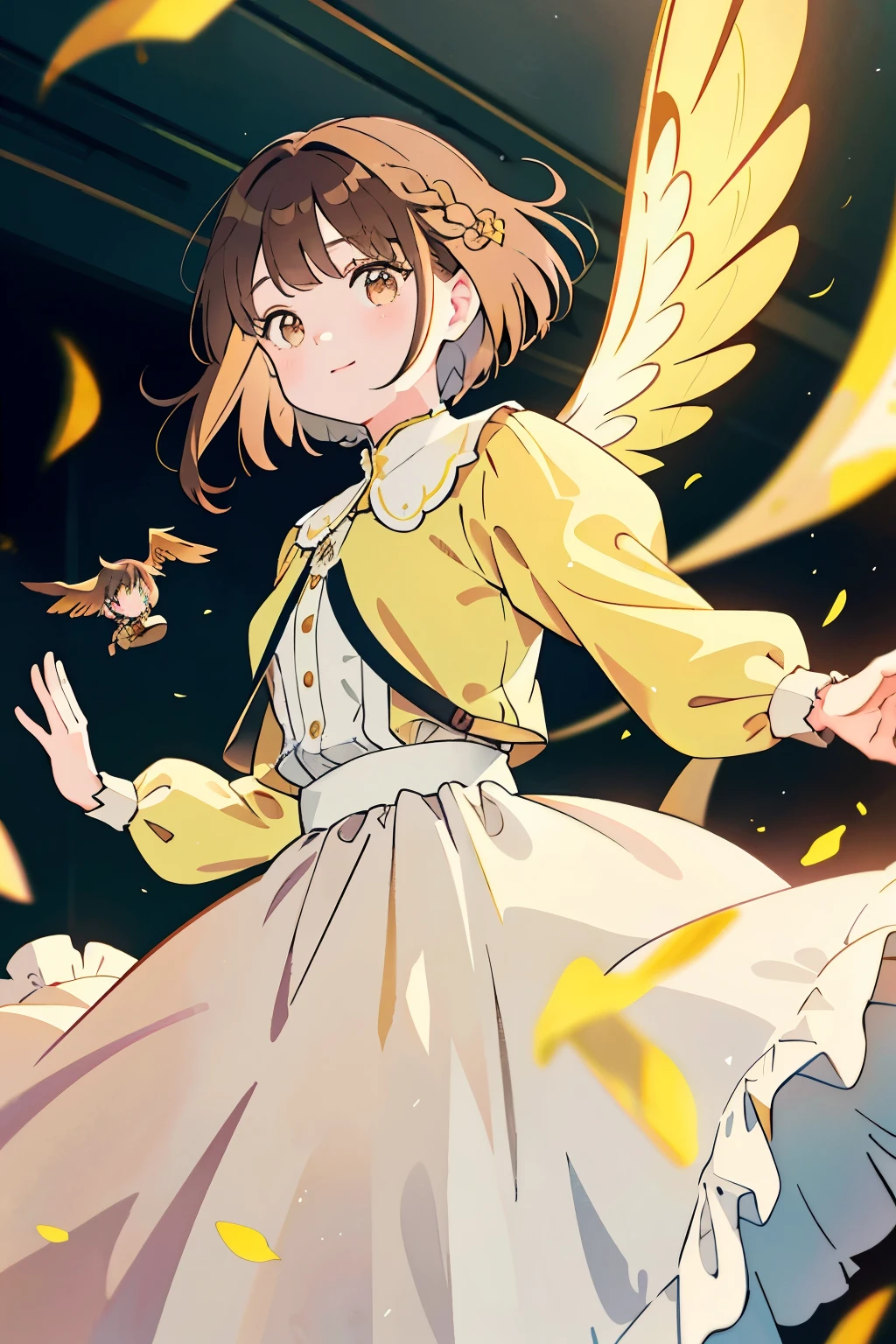 (brown hair:1.2),(Braided shorthair:1.2),(With bangs),(brown eyes:1.25),blush,(The eyes are shining brightly:1.2),(eye size:1.7),(Steampunk place),(A room full of antique furniture:1.1),(Soft picture),(fairy wings:1.0),(Waving loudly and walking cheerfully:1.1),(Clothes with a fluffy, princess-like silhouette that flows in the wind:1.4),(The colors of the clothes are pink, white, yellow-green, and yellow.),