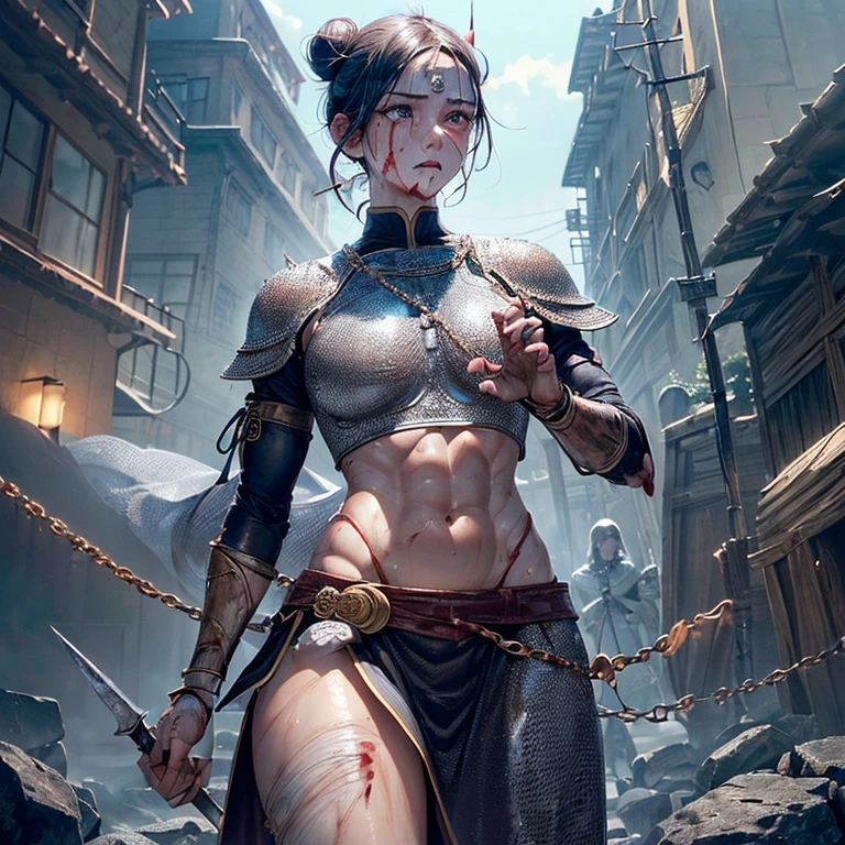 Extremely detailed CG Unity 32K wallpaper, (raw photography, masterpiece, ultra-high definition, highest resolution:1.1), authentic, grotesque, highest quality, (correct anatomy:1.5), (intricately detailed face, extremely realistic skin texture:1.2), professional photo, POV, 1 girl, ((female warrior:1.5)), Japanese teen, 15 years old, (from front:1.4), solo, cowboy short, looking at viewer, (oval and slim outline of the face:1.4), black hair, short hair, fairly detailed skin, (sweat, tan:1.3), highly detailed eyes, (bright and dark eyes, tears:1.5), (tall nose:1.4), hyper-realistic nose and lips, expressionless, standing, ((iron armor:1.4)), (slender:1.5), (muscular, beautiful breast:1.3), ((wounded, injured, bleeding:1.5)), (((1 spear had pierced the girl’s torso, penetrating injury of the torso:1.5))), (((bleeding from the injury, bloody, gore:1.4))), (((holding 1 sword in right hand:1.2))), (((outdoor, medieval era, battlefield, vandalized village of Asia:1.3))), (curvy outline of female body, perfect body proportion:1.5), sharp focus, depth of field, cinematic lighting, fairly detailed limbs, (perfect anatomy of the limbs:1.4), highly detailed hands, (correct anatomy of the hands:1.5),