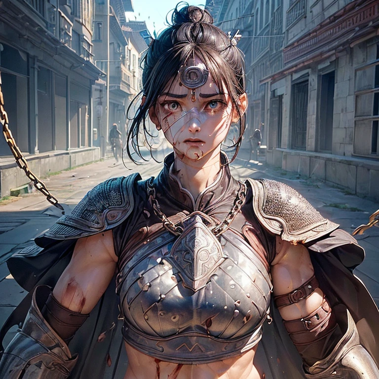 Extremely detailed CG Unity 32K wallpaper, (raw photography, masterpiece, ultra-high definition, highest resolution:1.1), authentic, highest quality, (correct anatomy:1.5), (intricately detailed face, extremely realistic skin texture:1.2), professional photo, grotesque, POV, 1 girl, ((female warrior:1.5)), Japanese , 15 yrom front:1.4), solo, cowboy short, looking at viewer, (oval and slim outline of the face:1.4), black hair, (SINGLE hair bun:1.5), fairly detailed skin, (sweat, tan:1.3), highly detailed eyes, (bright and dark eyes, tears:1.5), (tall nose:1.4), hyper-realistic nose and lips, expressionless, standing, ((chain mail:1.4)), (slender:1.5), (muscular, beautiful breast:1.3), ((wounded, injured, bleeding:1.5)), (((1 spear had pierced the girl’s abdomen, penetrating injury of the abdomen:1.5))), (((bleeding from the abdomen, bloody, gore:1.4))), (((holding 1 sword in right hand:1.2))), (((outdoor, medieval era, battlefield, vandalized village of Asia:1.3))), (curvy outline of female body, perfect body proportion:1.5), sharp focus, depth of field, cinematic lighting, fairly detailed limbs, (perfect anatomy of the limbs:1.4), highly detailed hands, (correct anatomy of the hands:1.5),