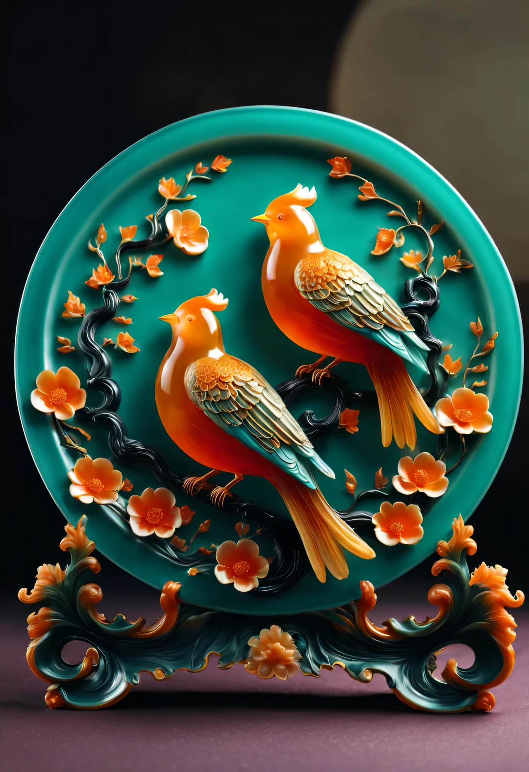 （product design），(Phoenix and peony ornaments carved from pumpkins on a plate：1.1），（whole body），Chinese flower and bird landscape，Pavilion on the ground，16k，orange，console， and honest，Super complex craftsmanship and details，With auspicious patternlowers、Various decorative themes such as bird pressure yearning for happiness, longevity and wealth、Wish you good luck and peace，Exquisite and complex content，embody magnificence，background：Black plate close-up, rotating, RococoStyle, classicism, chiaroscuro, depth of field, ultra high definition, masterpiece, precise, Super details, high detail, high quality, Award-winning, best quality, high resolution, 16k，