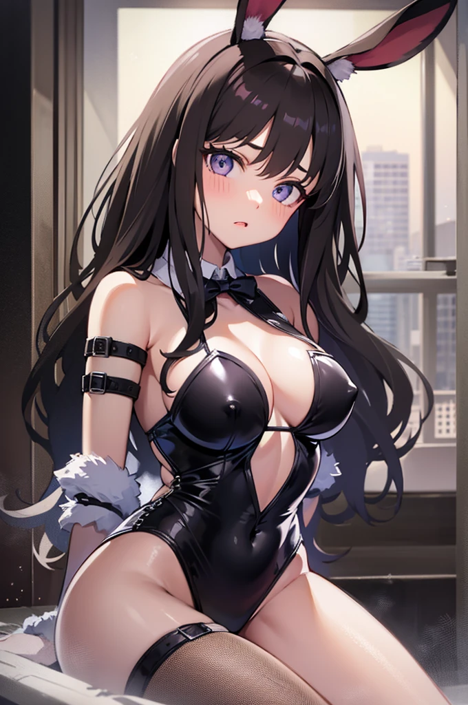 masterpiece、Highest image quality、High resolution、UHD、perfect pixel）、Takina Inoue、long hair、With bangs、black hair、(Purple eye:1.2)、medium breasts、BREAK bedroom、(put your left hand on your chest:1.2)、BREAK while watching the audience、Muscle growth、wrapping bunny girl costume、Fishnet tights、rabbit ears、A bow tie、black leotard、Exposed skin、Asahi、white light shines、window、BREAK(master piece:1.2)、Highest image quality、High resolutionあり、Unity 8k wallpaper、(An illustration:0.8)、(beautiful eyes:1.6) ）、highly detailed face、perfect lighting、Highly detailed CG、（perfect hands、perfect anatomy）、blush、A little angry face、1 girl