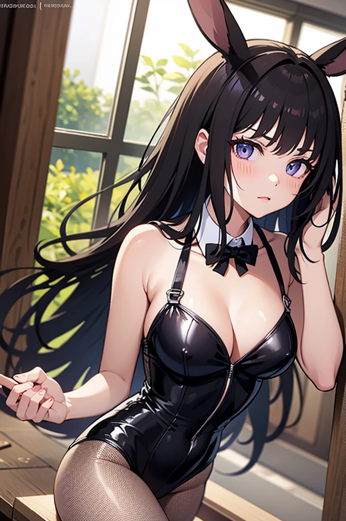 masterpiece、Highest image quality、High resolution、UHD、perfect pixel)、Takina Inoue、long hair、With bangs、black hair、(Purple eye:1.2)、medium breasts、BREAK bedroom、(put your left hand on your chest:1.2)、BREAK while watching the audience、Muscle growth、wrapping bunny girl costume、Fishnet tights、rabbit ears、A bow tie、black leotard、Exposed skin、Asahi、white light shines、window、BREAK(master piece:1.2)、Highest image quality、High resolutionあり、Unity 8k wallpaper、(An illustration:0.8)、(beautiful eyes:1.6) )、highly detailed face、perfect lighting、Highly detailed CG、(perfect hands、perfect anatomy)、blush、A little angry face、1 girl