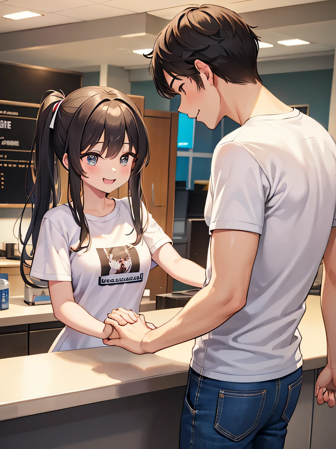 1,A man and a woman shaking hands across a white counter desk.
2,that woman is an idol, Wearing a gorgeous, frilly outfit, shake hands with a smile.
3, the man is a fan of the woman, Wearing a T-shirt and jeans, who is also shake hands with a smile with her.
4,The place is a handshake event. Lots of people lined up.