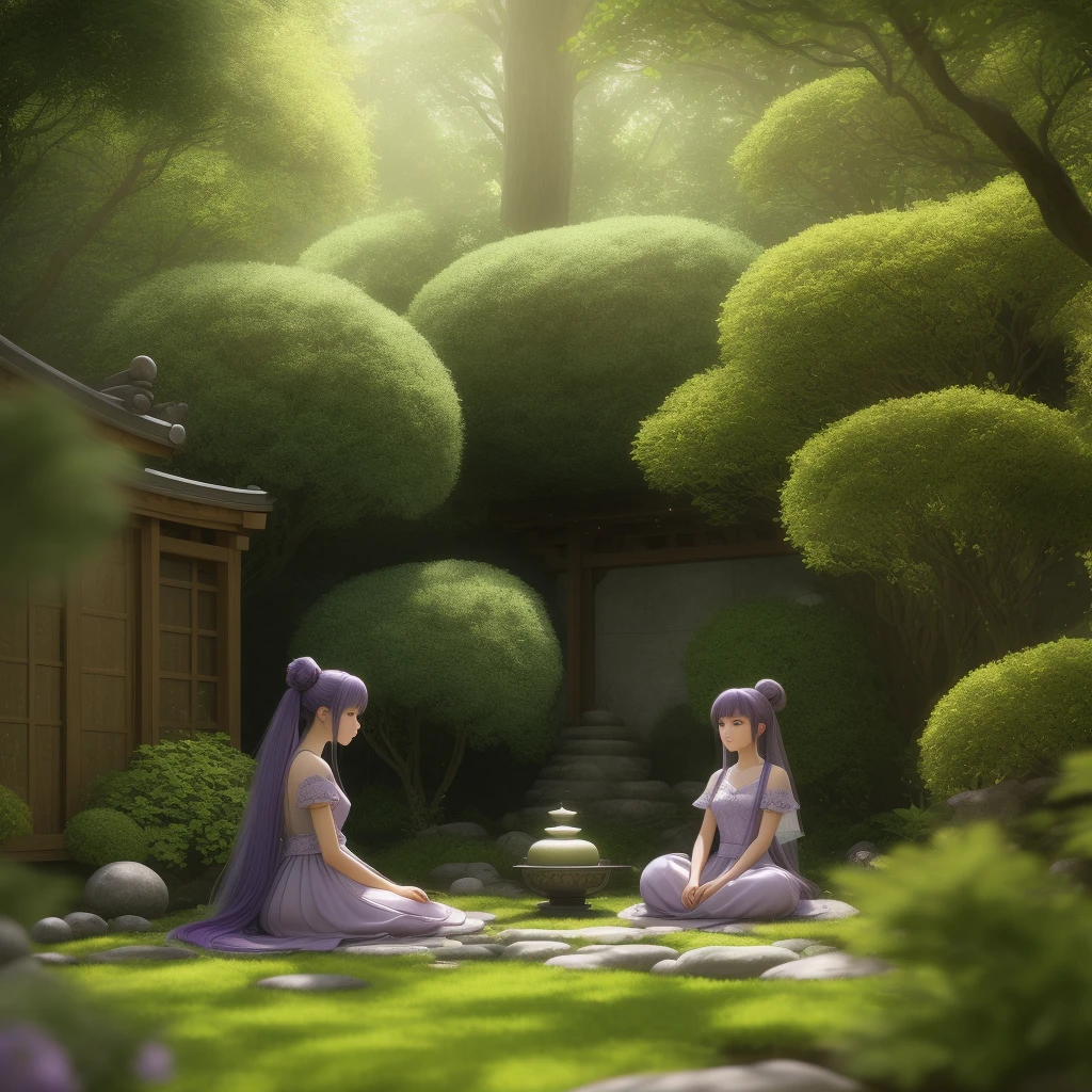 A beautiful 15 year old girl, light purple long hair, dark green hair buns, elaborate hairstyle, sitting in a zen garden,  fairy tale,  charming,  and illusory engine 5 rendering 8k, prospect, intricately detailed,  hyperdetailed,  hyperrealistic,  magical lighting,  hd,  outlines,  blur,  dynamic composition,  pastel colors,  wide angle, cinematic,  super detailed,  realistic octane render 8k,