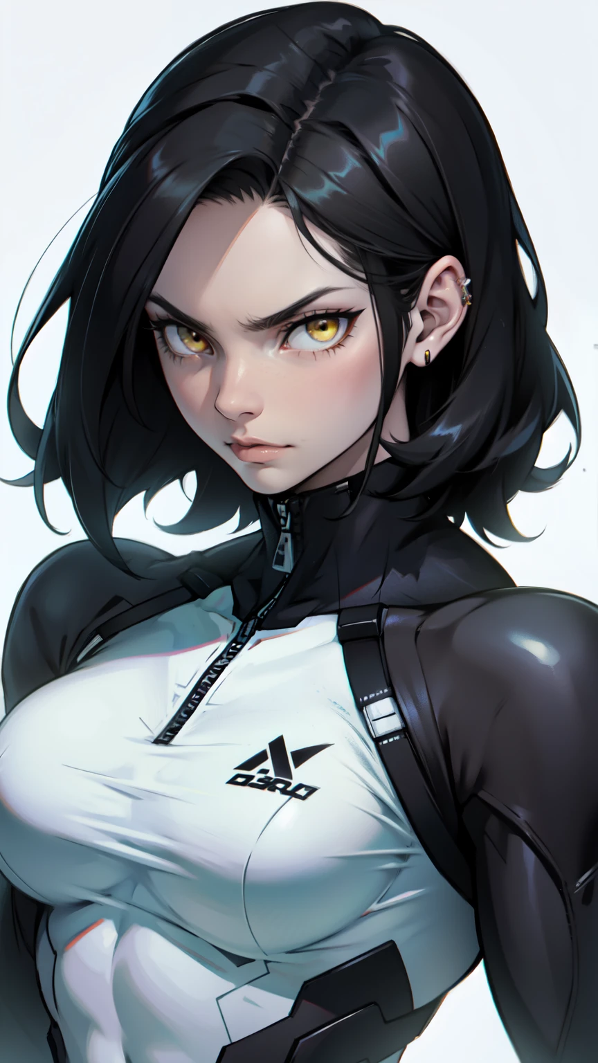 pale girl muscular girl breasts black hair yellow eyes serious