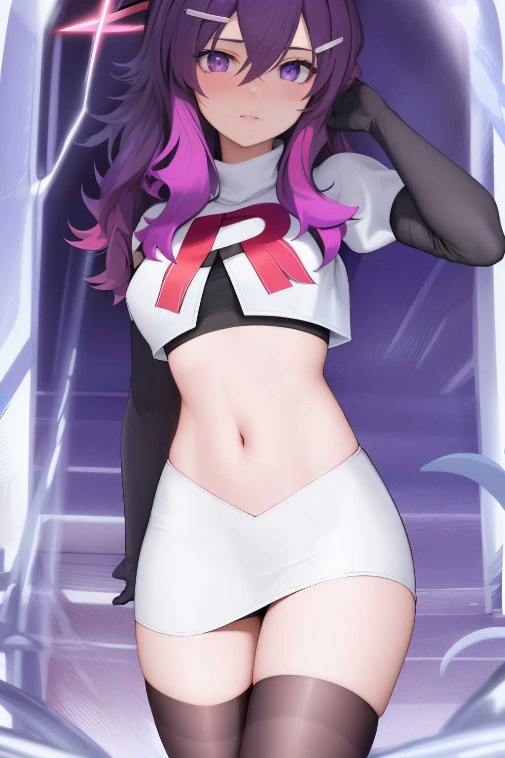 best quality, masterpiece, highres, solo, {haruka_bluearchive:1.15}, purple_hair, bangs, hair_between_eyes, purple_eyes, hair_ornament, halo, blush, hairclip, hat, garrison_cap, 1girl,looking_at_viewer, military, military_hat, medium_hair, team rocket,team rocket uniform, red letter R, white skirt,white crop top,black thigh-highs, black elbow gloves,