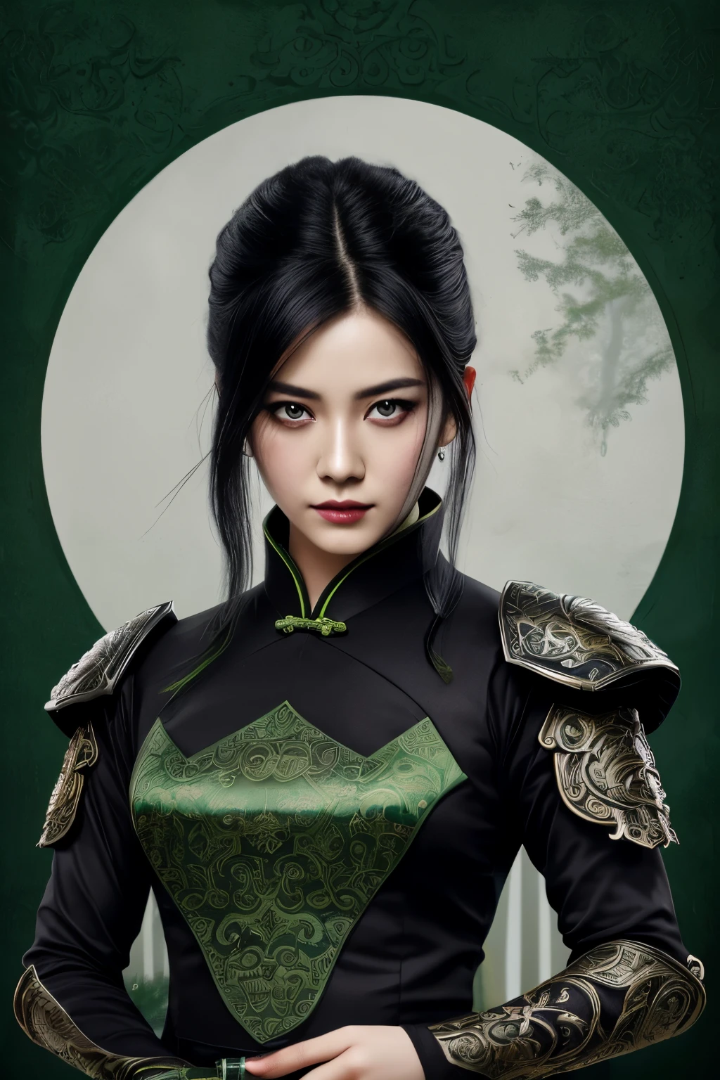 1 girl, heroine, handsome, splashed ink, Chinese armor, (upper body), black hair, floating hair, delicate eyes, black and green antique damask Hanfu, fov, (f1.8), (masterpiece), (portrait shot), front shot, white background, (movie poster), weapon