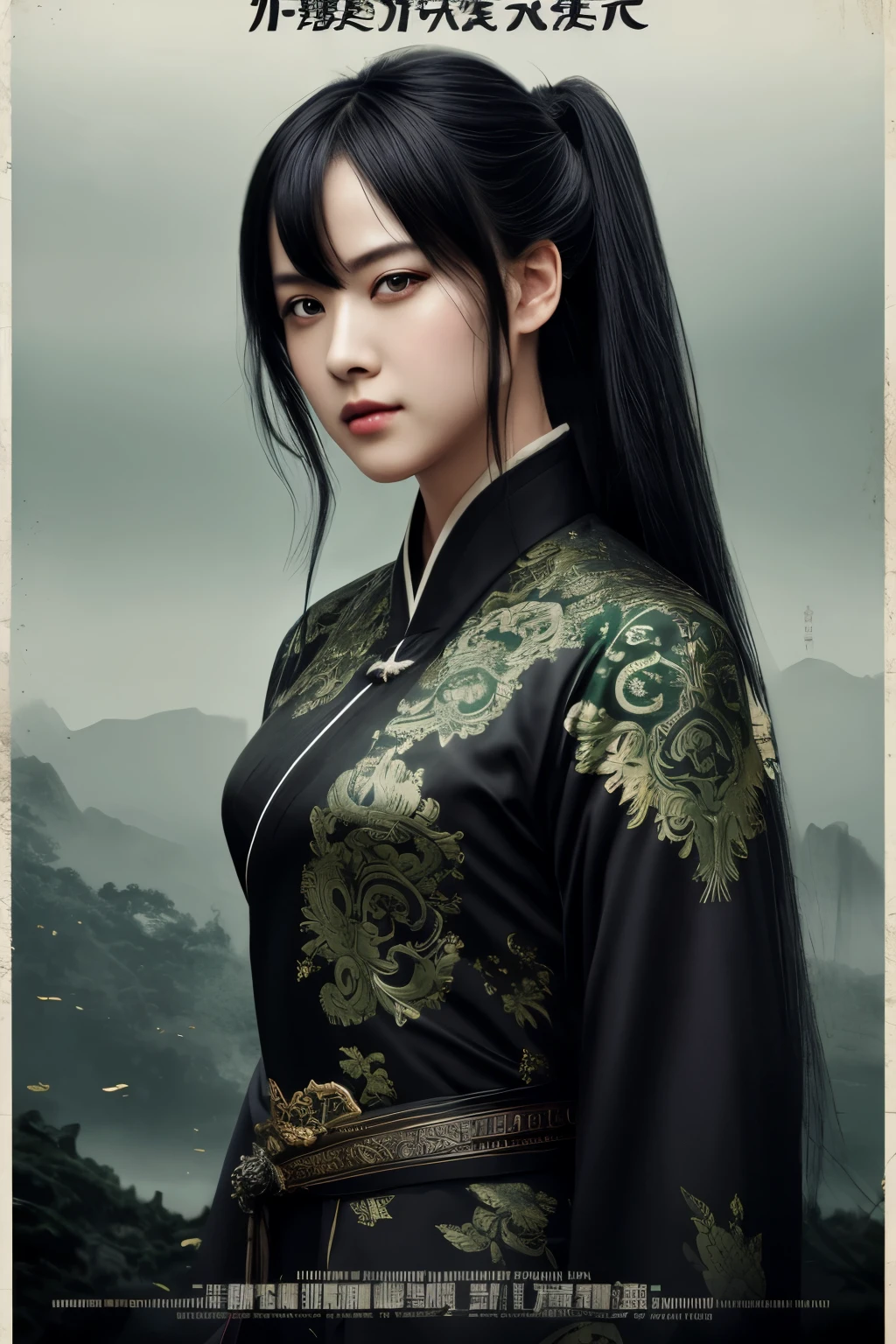 1 girl, heroine, handsome, splashed ink, Chinese armor, (upper body), black hair, floating hair, delicate eyes, black and green antique damask Hanfu, fov, (f1.8), (masterpiece), (portrait shot), front shot, white background, (movie poster), weapon