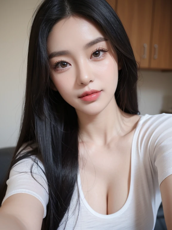 realistic, high resolution, 8k wallpapers, Complete dynamic configuration, beautiful detailed eyes, normal sized eyes, long straight hair, gray colored hair, vibrant lips, big bust, Random and plain generic poses, random case, white skinny t-shirt, skinny jeans, breast swelling, smile, 40 year old woman, Korean woman, (drooping eyes 1.2), (sagging eyebrows 1.2), very beautiful appearance, natural makeup, No double couple, Selfie