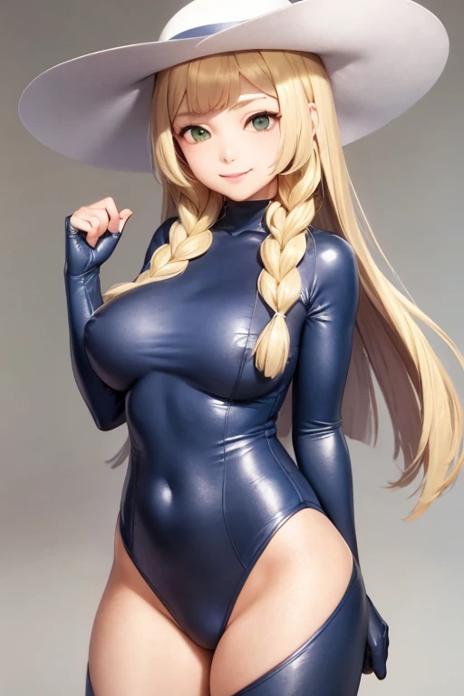 masterpiece, best quality,  lillie \(pokemon\), 1girl,sun hat,blue ribbon,blonde hair, long hair,twin braids,blunt bangs,green eyes,bare,
tight suit, fighting suit, slightly muscular, big tits, sexy pose,
grey background, cowboy shot, smile,