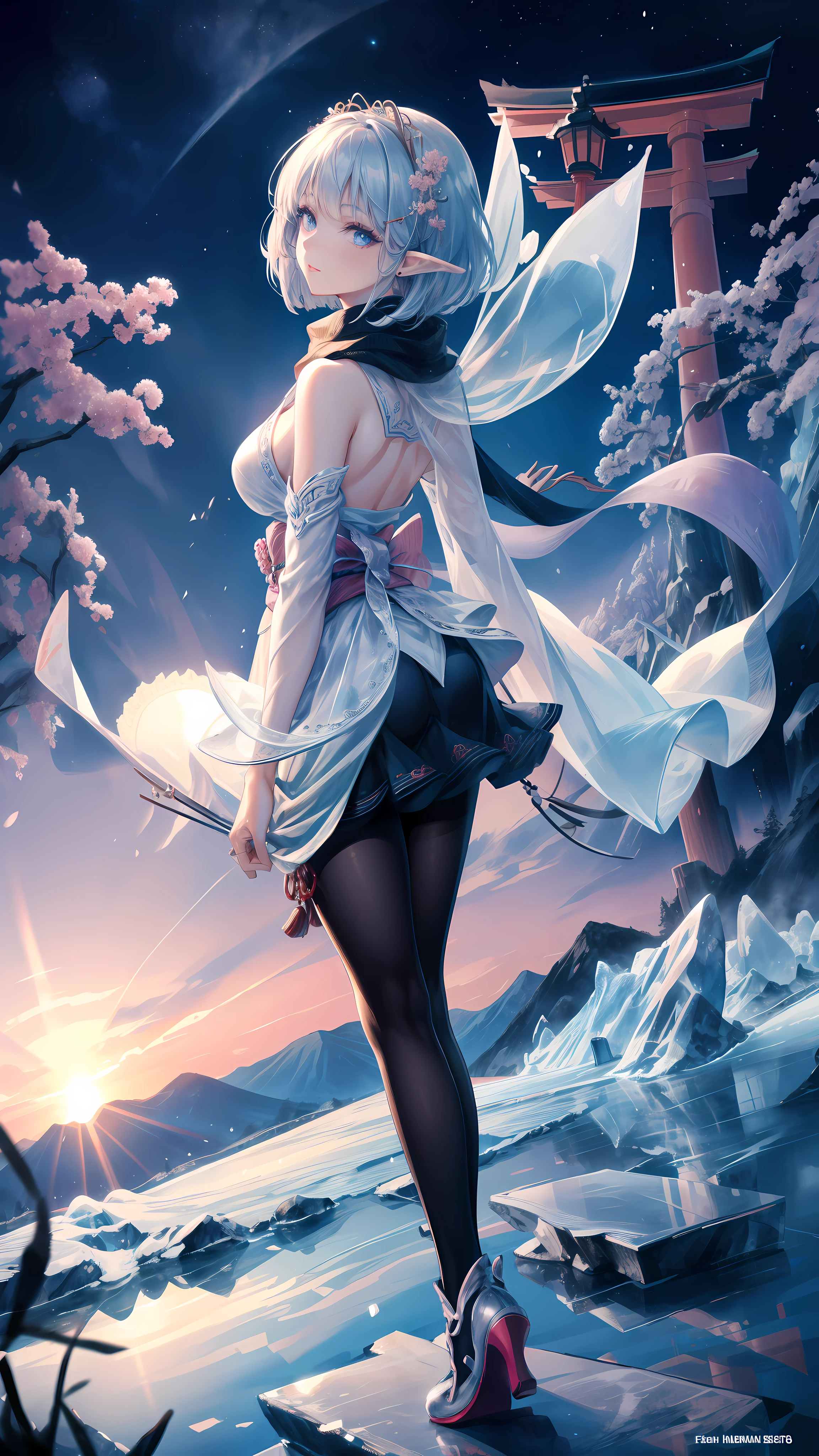 ((masterpiece )), (top quality), (best quality), ((ultra-detailed, 8k quality)), Aesthetics, Cinematic lighting, (detailed line art),
BREAK,
absurdres, elf female, athletic proportions, Bent over pose, ((hands behind one's back)), dynamic angle, looking at viewer, ((fairy's wing)), (scarf), ring, (Gothic kimono), Han'eri, pantyhose, sleeves past wrists, high heel boots, BREAK, Japanese architecture, Mt. Fuji, ((torii)), Winter Creek, (surrounded by ice crystal), (the garden of an ice sakura),
BREAK,
highly detailed of (elf), (1girl), perfect face, details eye, Bob cut hair, blue eyes, eyelashes, eyeshadow, pink eyeshadow, light smile, design art by Artgerm, by Kawacy, By Yoshitaka Amano,
BREAK,
((perfect anatomy)), nice body, medium breast, extremely detailed finger, best hands, perfect face, beautiful face, beautiful eyes, perfect eyes, perfect fingers, correct anatomy,