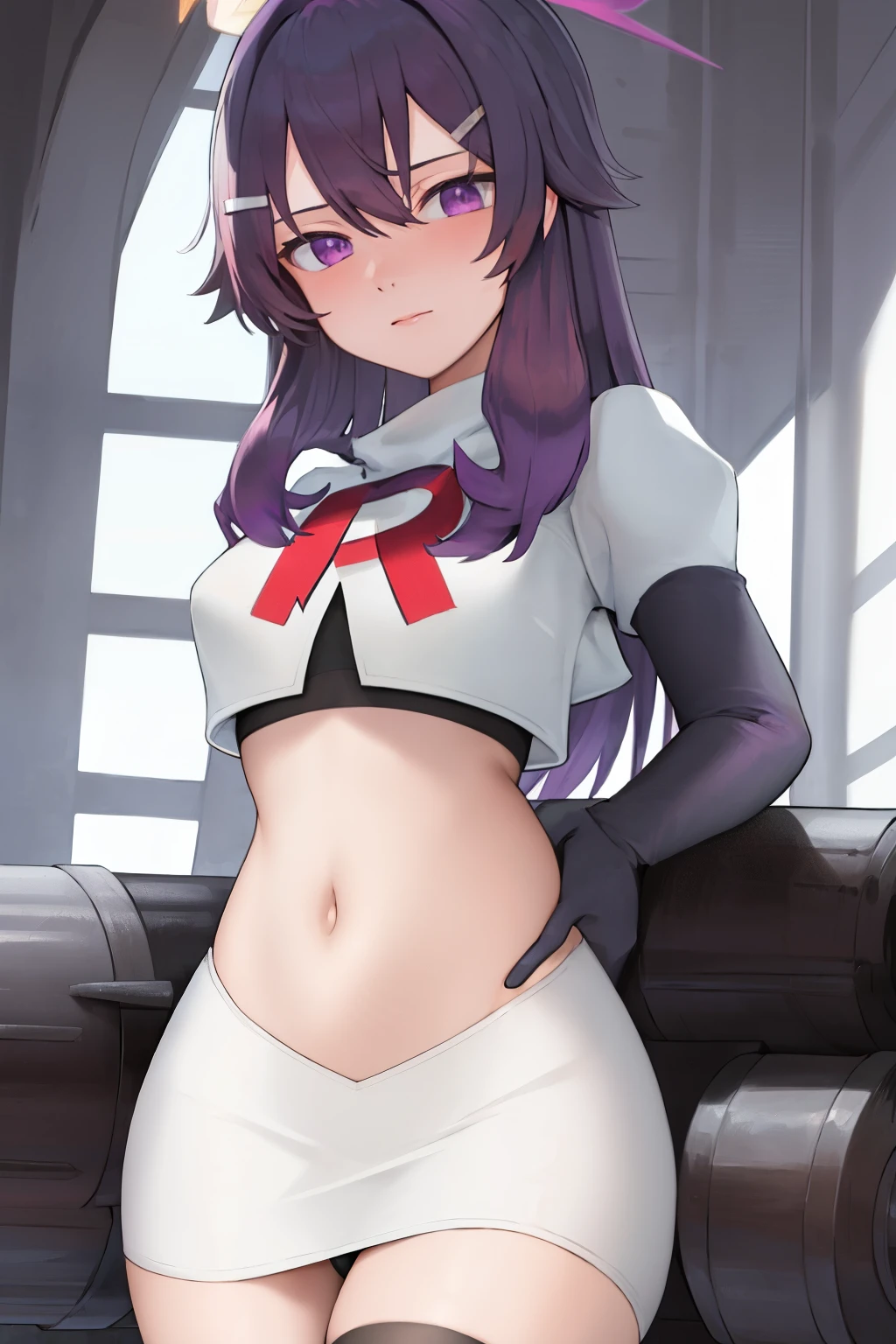 best quality, masterpiece, highres, solo, {haruka_bluearchive:1.15}, purple_hair, bangs, hair_between_eyes, purple_eyes, hair_ornament, halo, blush, hairclip, hat, garrison_cap, 1girl,looking_at_viewer, military, military_hat, medium_hair, team rocket,team rocket uniform, red letter R, white skirt,white crop top,black thigh-highs, black elbow gloves,