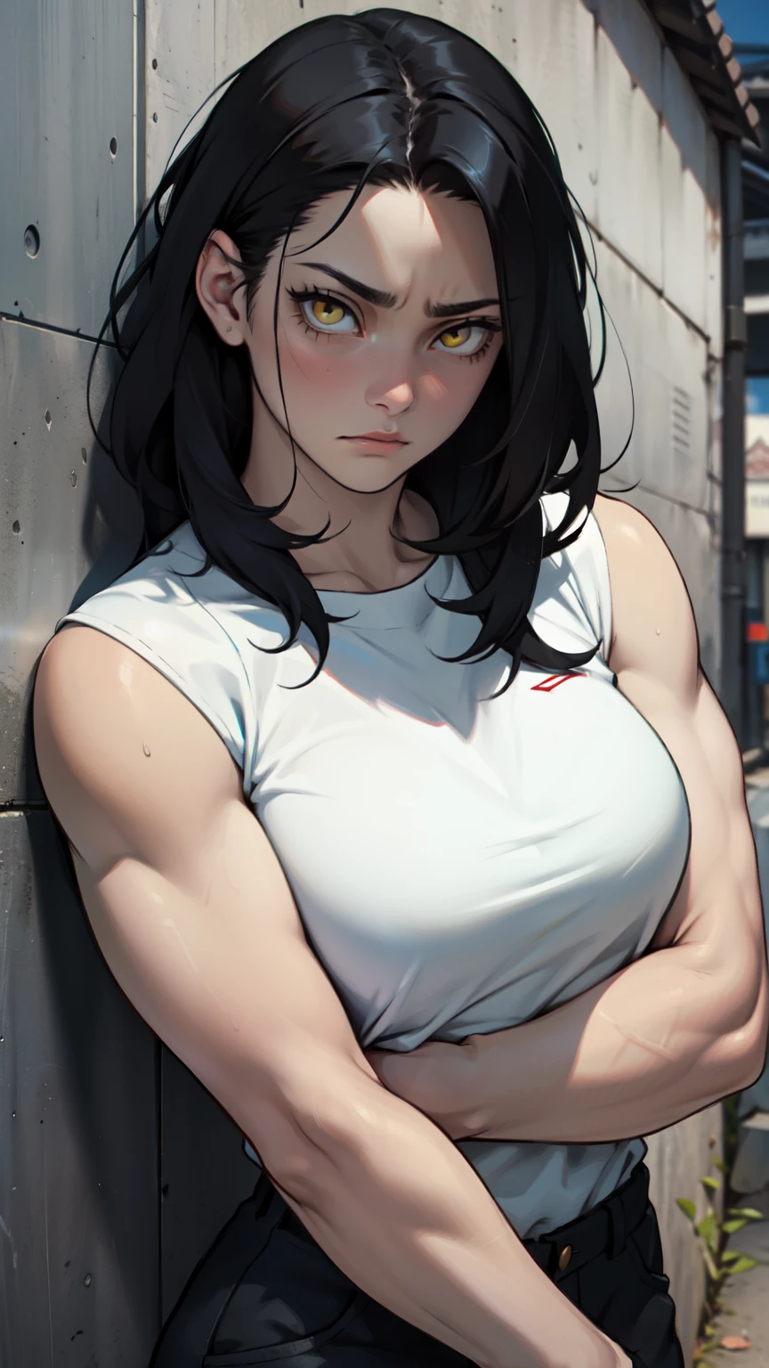 sad girl muscular girl sad girl muscular girl black hair yellow eyes pale skin breasts drop shadow