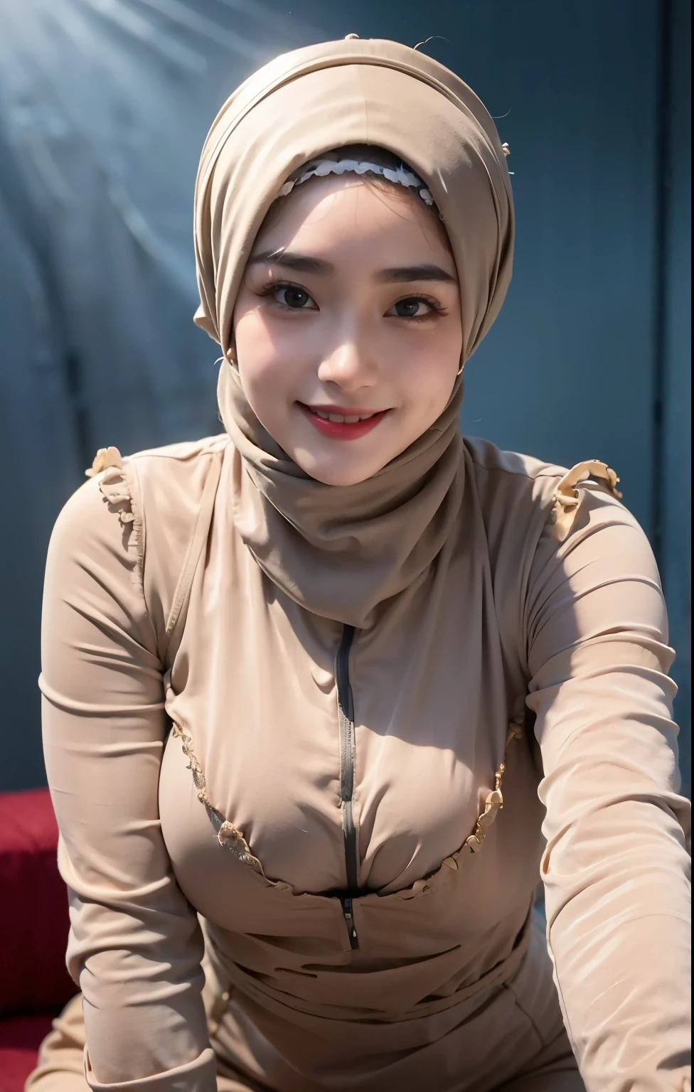 there  a woman in a hijab posing for a picture, shot on canon eos r 5, shot on canon eos r5, with a orientalist smileful face, she  facing the camera, sie boob, shot on nikon z9, she  smiling, close up potrait, sexy look at the camera, she  smiling and happy, lovely woman