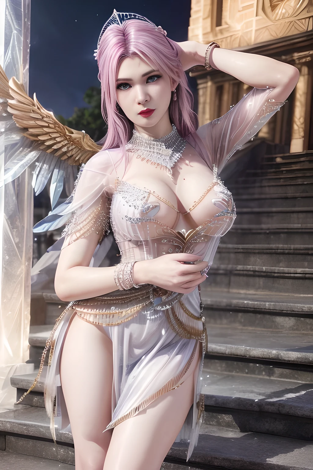 1 girl,(Valkyrie:1.4),Alice,(Wearing an ice crystal embellished dress:1.5),(Rose),go downstairs,jewelry,tattoo,at night, full_moon,(((red lips))), Lips slightly open, lustful smile, lustful, (((Sexy poses))),clavicle,charming figure,huge breasts,Charming cleavage,((8k, original photo, top quality, masterpiece), HD RAW color photos professional close-up photos, (actual, photorealism: 1.37), (best quality), (best shade), ((erotic, Sexy, ultra high resolution, HD CG unified 8K wallpaper, Physically based rendering, movie lighting),