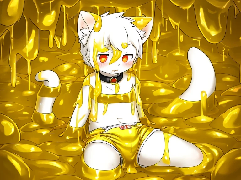 Riding on white cat cub in golden slime，Black boxers，collar，The tail  in the right position，Covered in golden slime