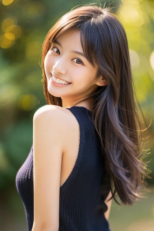 ((17 year old Japanese girl)), Turn around、young girl、wearing a sweater, gorgeous young model、Calm and beautiful body、gorgeous woman、wonderful charming figure、Attractive body models、beautiful and attractive 、big boobs、facial details、cute face、sweet girl、smile showing teeth