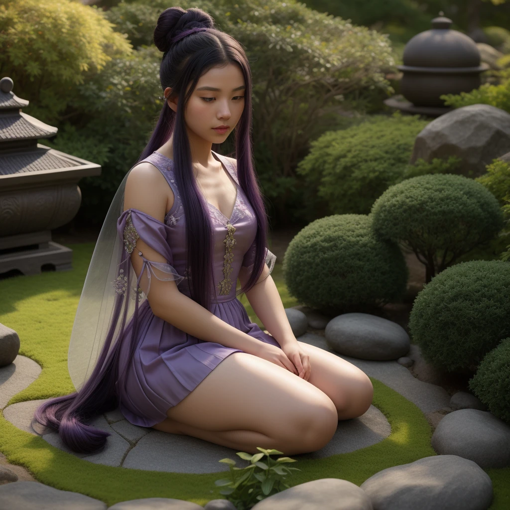A beautiful 15 year old girl, light purple long hair, dark green hair buns, elaborate hairstyle, sitting in a zen garden, fairy tale, charming, and illusory engine 5 rendering 8k, prospect, intricately detailed, hyperdetailed, hyperrealistic, magical lighting, hd, outlines, blur, dynamic composition, pastel colors, wide angle, cinematic, super detailed, realistic octane render 8k,
