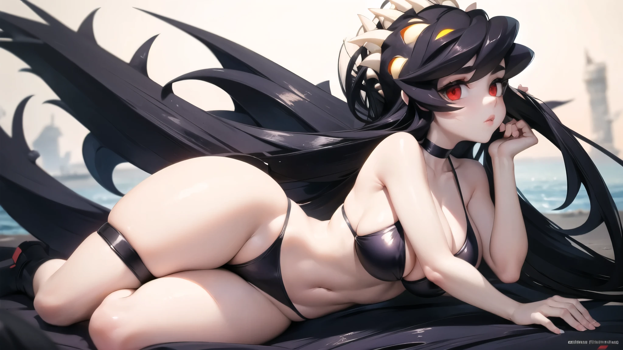 Filia, wearing a sexy black bikini, big breasts, wide hips, tiny waist, big thighs, big ass, long hair, detailed eyes, anatomically perfect body, long legs, feminine and beautiful hands, detailed image, detailed body, detailed hands, detailed background, beach, masterpiece, work of art