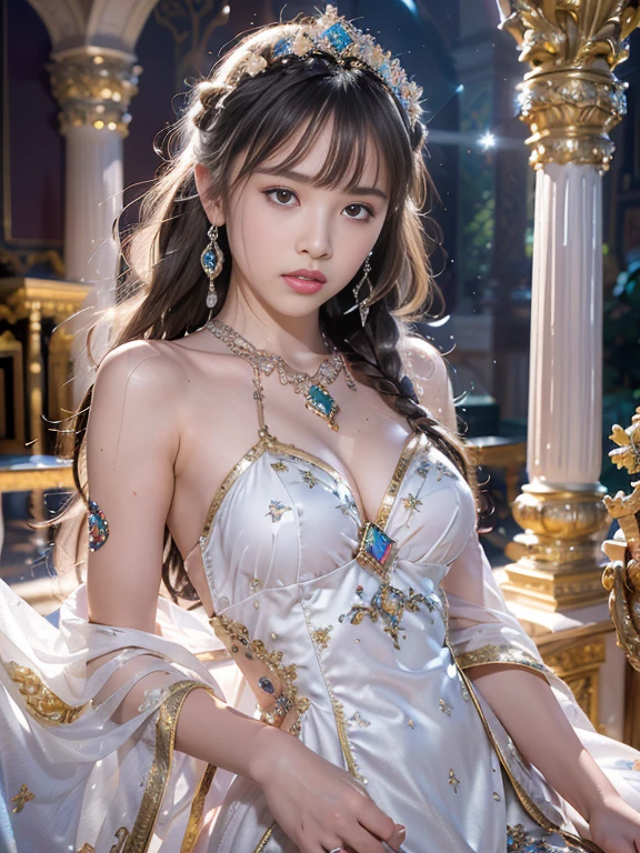 finest image, (8k, RAW photo, realistic), detailed and delicate depiction and flashy and dynamic painting method, beautiful princess, white braided bangs hair, blue big eyes, amorous expression, lewd expression, small breasts, under boobs, side boobs, abs, slender, perfect proportion, brilliant platinum plated crown, dress made of (diamonds crystals pink-sapphires emeralds aquamarines amethysts rainbow-moonstones white-opal, background shining golden dragon embroidery on sparkling silver plated pillars of the royal palace