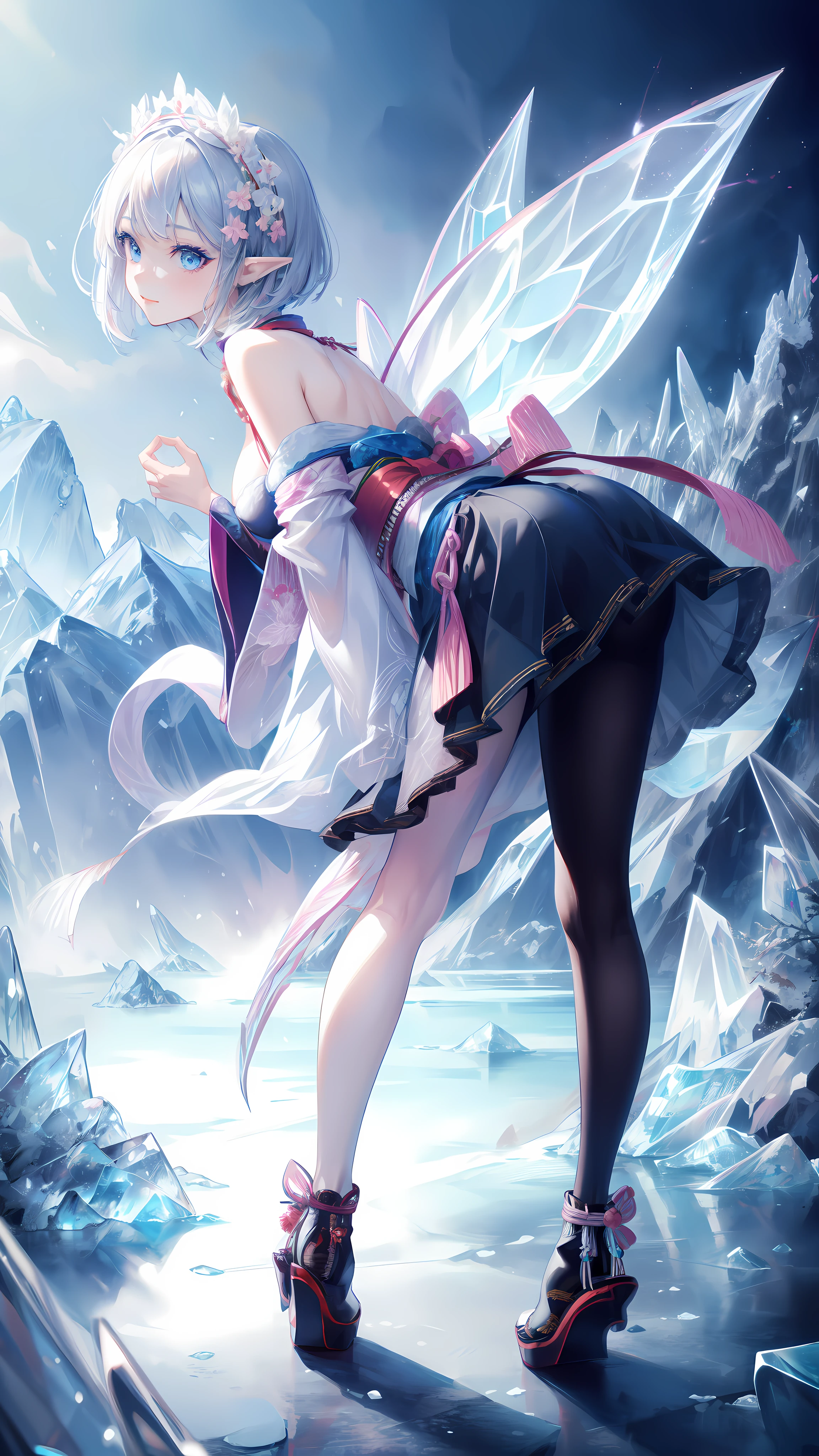 ((masterpiece )), (top quality), (best quality), ((ultra-detailed, 8k quality)), Aesthetics, Cinematic lighting, (detailed line art),
BREAK,
absurdres, elf female, athletic proportions, Bent over, ((hands behind one's back)), dynamic angle, looking at viewer, ((fairy's wing)), (Gothic kimono), Han'eri, pantyhose, sleeves past wrists, high heel boots, BREAK, Japanese architecture, Mt. Fuji, ((torii)), Winter Creek, (surrounded by ice crystal), (the garden of an ice sakura),
BREAK,
highly detailed of (elf), (1girl), perfect face, details eye, Bob cut hair, blue eyes, eyelashes, eyeshadow, pink eyeshadow, light smile, design art by Artgerm, by Kawacy, By Yoshitaka Amano,
BREAK,
((perfect anatomy)), nice body, medium breast, extremely detailed finger, best hands, perfect face, beautiful face, beautiful eyes, perfect eyes, perfect fingers, correct anatomy,