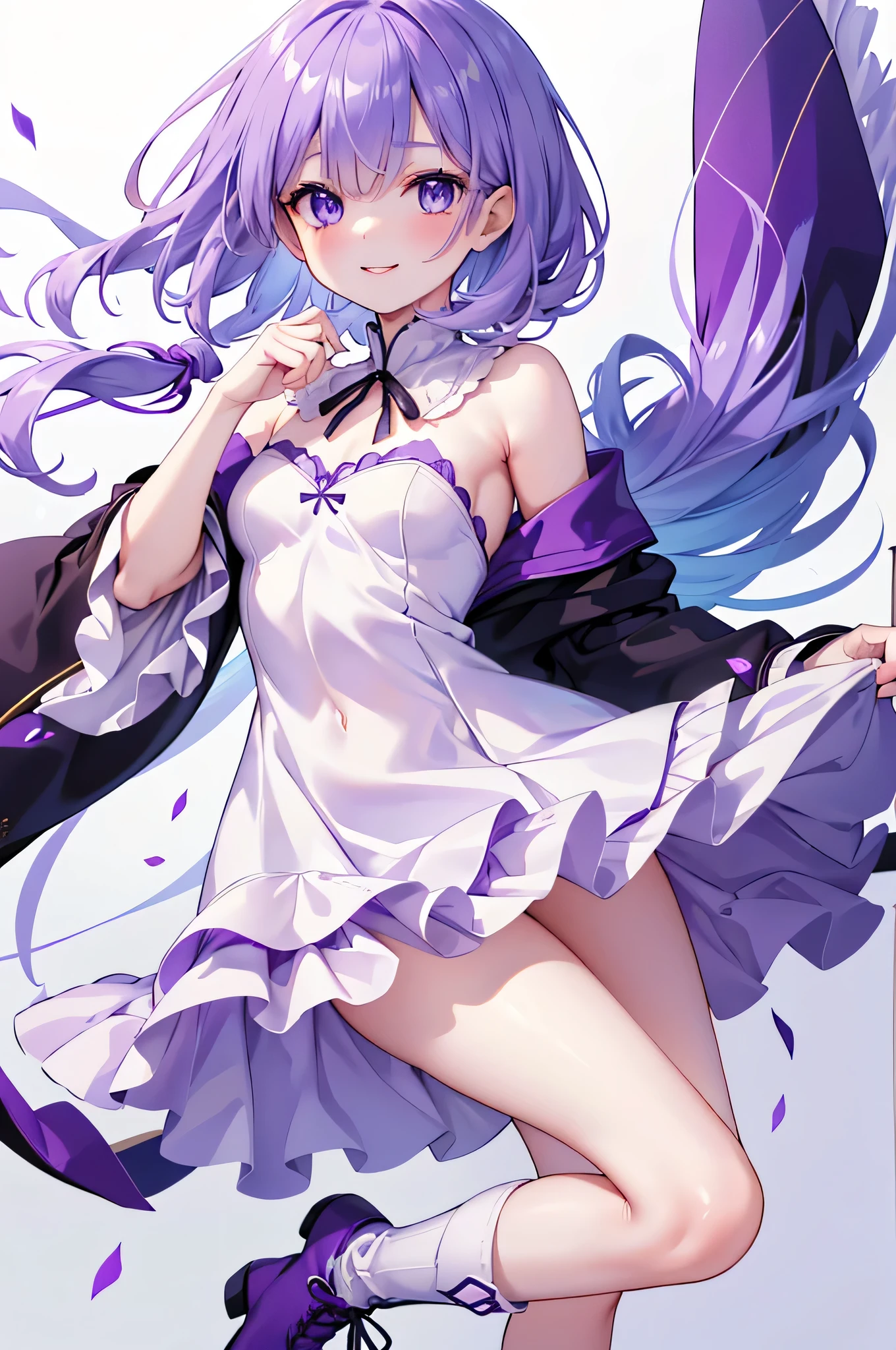 (debris flies, highest quality, ultra high resolution),1 girl,suit , beautiful and detailed face, 細かいeye,((purple theme)),((whole body)),完璧なeye、no background,white background,((wearing purple boots)),((Cute fluffy white dress)),Isshiki、model、beautiful thin legs、slender body,スーパーmodel、laughter、smile、鋭いeye,半eye,eye（1:5）