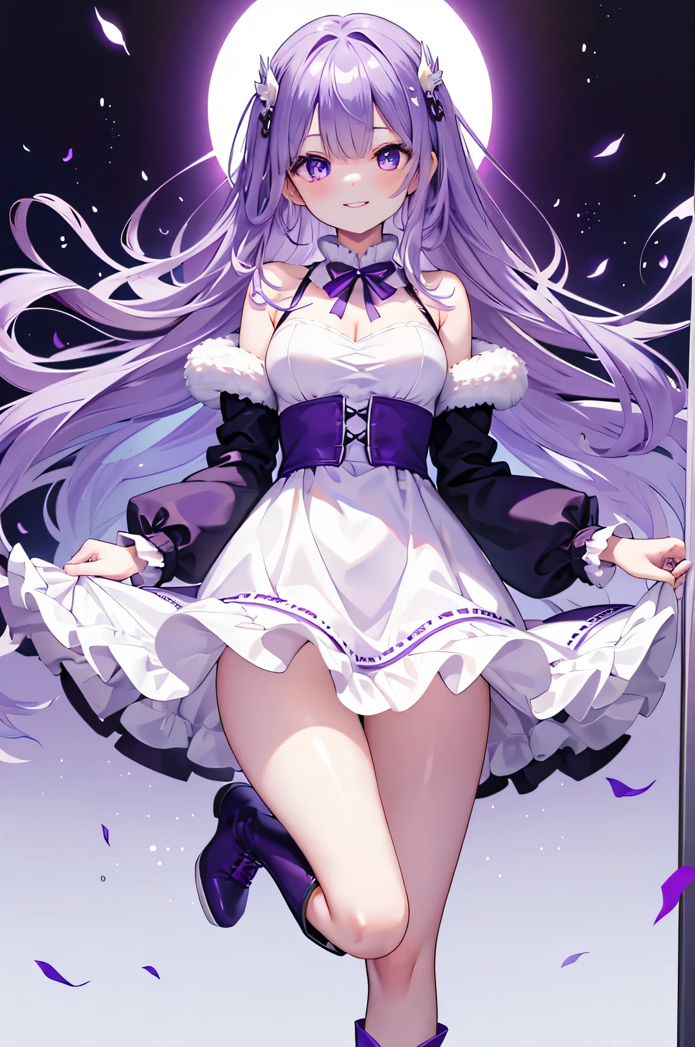 (debris flies, highest quality, ultra high resolution),1 girl,suit , beautiful and detailed face, 細かいeye,((purple theme)),((whole body)),完璧なeye、no background,white background,((wearing purple boots)),((Cute fluffy white dress)),Isshiki、model、beautiful thin legs、slender body,スーパーmodel、laughter、smile、鋭いeye,半eye,eye（1:5）