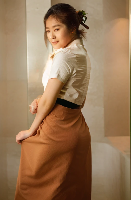 asian woman in a green color skirt and white shirt, anime thai girl, white color shirt and green color skirt, korean girl, nivanh chanthara, beautiful south korean woman, bae suzy, korean woman, lalisa manobal, a young asian woman, in style of lam manh, traditional art, young asian girl, asian girl, beautiful and smiling,sexy pose,ass back view