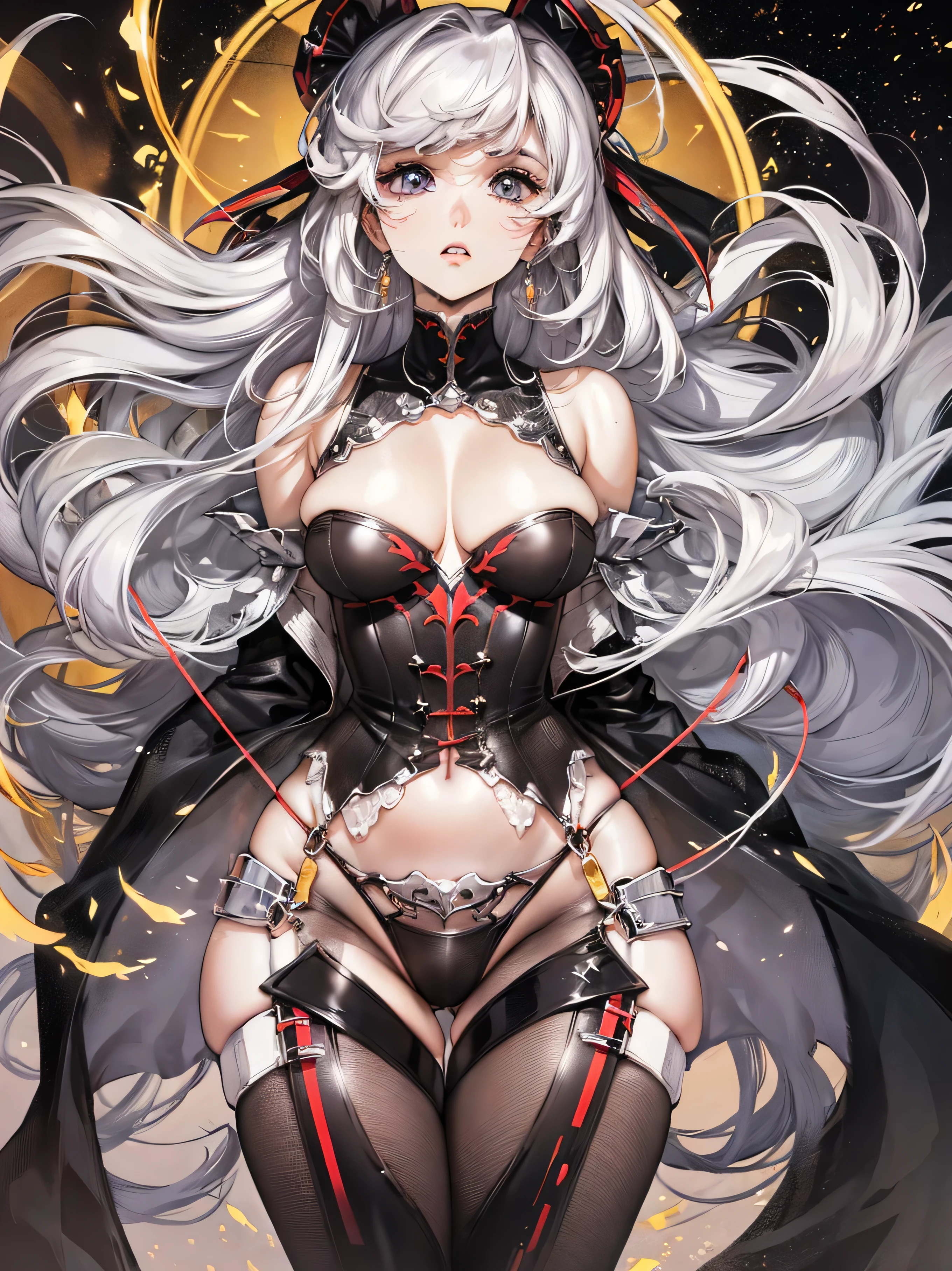 (best quality, masterpiece), young woman, pose, (only stockings:1.3)), (curvy), (take her breasts:1.3), (large breasts:1.article, wind, flower, upper body, background, looking at viewer, long curly windblown white hair, purple eyes, galaxy, backlit, rimlight, beautiful artwork, perfect composition