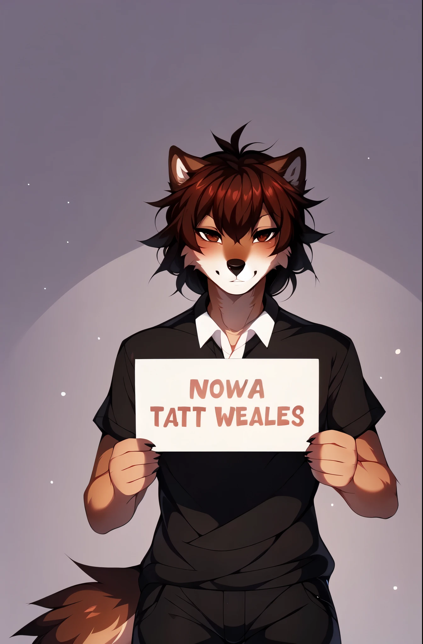 Jaiden, brown wolf male, short brown hair, brown eyes, brown wolf tail, by fumiko, by hyattlen, by hioshiru, by claweddrip, feminine, cute snout, black nose, wearing black pants, black loafers, white t shirt, holding a blank white sign, standing, no background