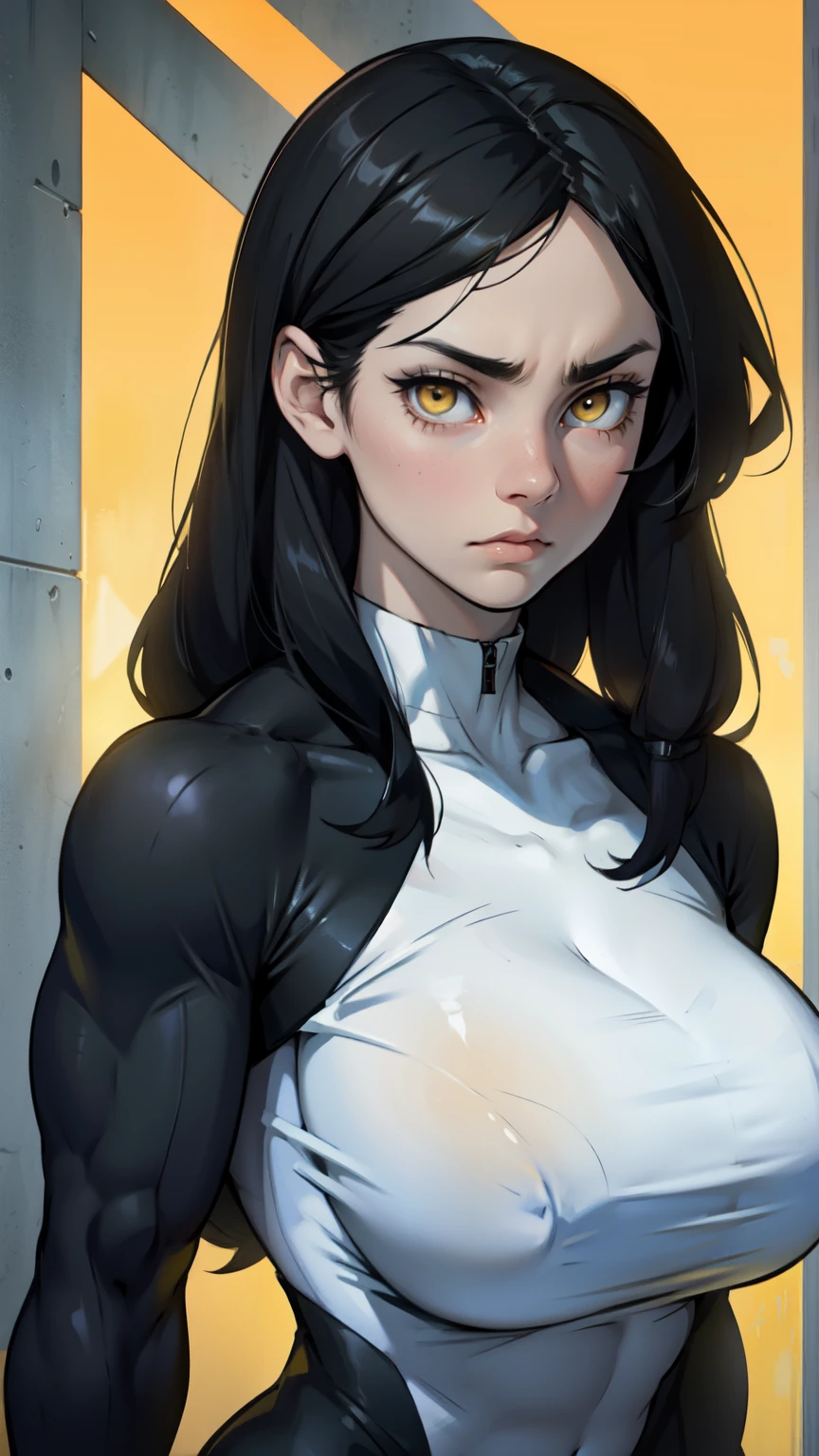 pale girl muscular girl huge breasts black hair yellow eyes expressionless sad