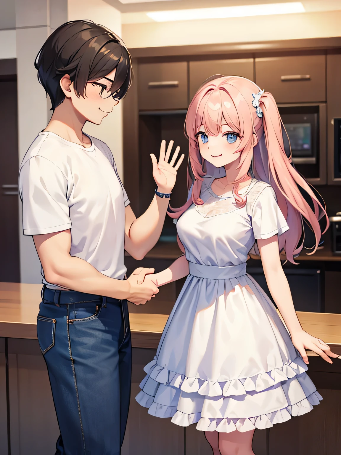 1,A man and a woman shaking hands across a white counter desk.
2,that woman is an idol, Wearing a gorgeous, frilly outfit, shake hands with a smile.
3, the man is a fan of the woman, Wearing a T-shirt and jeans, who is also shake hands with a smile with her.
4,The place is a handshake event. Lots of people lined up.