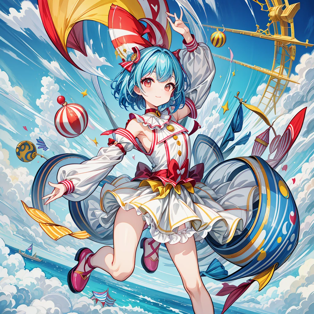 masterpiece, High-quality, High-resolution, Anime-style, Colorful, Low-angle, Full-body, Front-facing, Cute girl clown, Bright lighting, Umbrella, Acrobatic pose, Painted face, Smiling, Bob cut hairstyle, Colorful hair, Circus outfit, Large eyes, Smile, Colorful eye, Smooth skin texture, Normal skin exposure, Normal bust size, Young age, Petite body type, Cute, No accessories, Umbrella as an item, Circus shoes, No embroidery, Circus tent location, Colorful landscape background, Highlighting effects for clown performance, Circus tent structure, Wind as a natural element, Daytime, Carnival atmosphere, (The background is rich and delicate), 